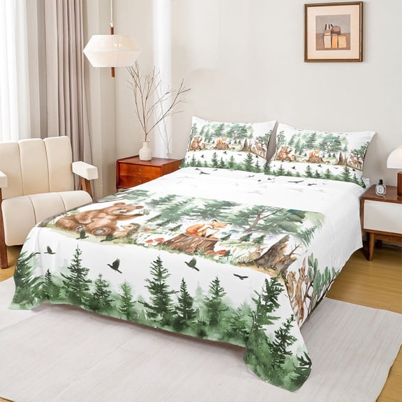 Manfei Woodland Wildlife Twin Sheet Sets, Bear Deer Sheet Set Twin, Rustic Animal Bed Sheets Set Twin Size, Super Cozy Bedroom Decor, 3 Pieces