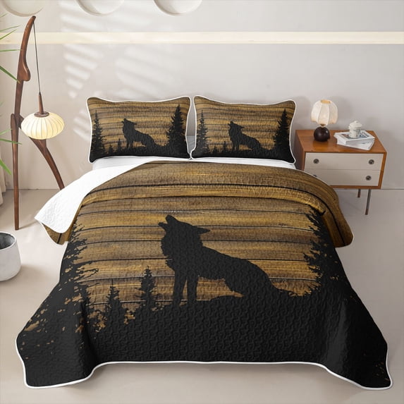 Manfei Woodland Wolf Quilt Full,Rustic Farmhouse Cabin Full Bedspread Sets,Brown,3-Piece