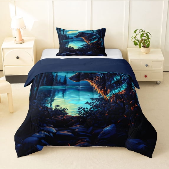 Manfei Woodland Wolf Twin Comforter Sets,Blue Sky Bedding Set,Navy Blue Reversible,2 Pieces,1 Comforter and 1 Pillowcase