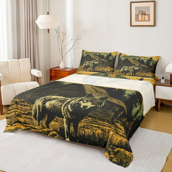 Manfei Woodland Wolf Twin Sheet Sets for Kids, Wildlife Animal Twin Fitted Sheet, Rustic Lodge Cabin Flat Sheet, Luxury Bedroom Decor, 3 Pieces