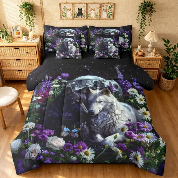 Manfei Woodland Wolf Wildlife King Bedding, Boho Groovy Flower King Bed in a Bag, Black Dark Purple, Black Reversible, 7pcs