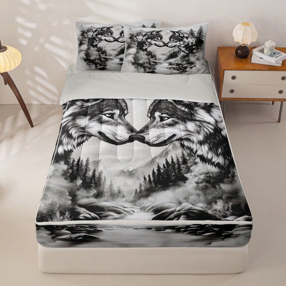 Manfei Woodland Wolves Zipper Twin Comforter Sets with Fitted Sheet and 2 Pillowcases,Ink Wash Zipper Bedding Set,White Black,Light Gray Reversible,4pcs