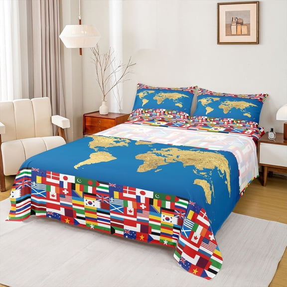 Manfei World Map Bed Sheets,International Flags Full Size Sheets,Gold Blue,4pcs,1 Flat Sheet, 1 Fitted Sheet and 2 Pillowcases