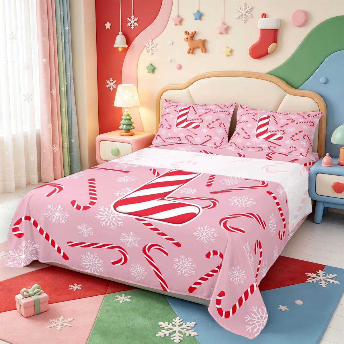 Manfei Xmas Alphabet L Design Queen Sheets,Trendy Candy Cane Queen ...