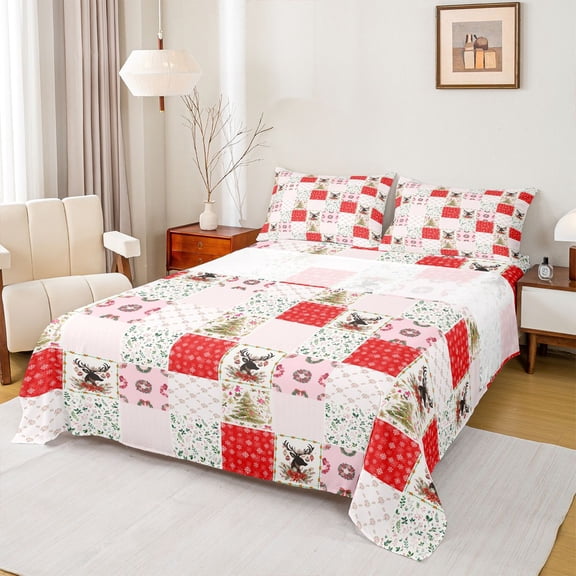 Manfei Xmas Animal Deer Twin Sheet Sets 3pcs for Female Men Adults,Merry Christmas Twin Fitted Sheet Microfiber,Geometric Plaid Breathable Flat Sheet,Breathable Home Decor