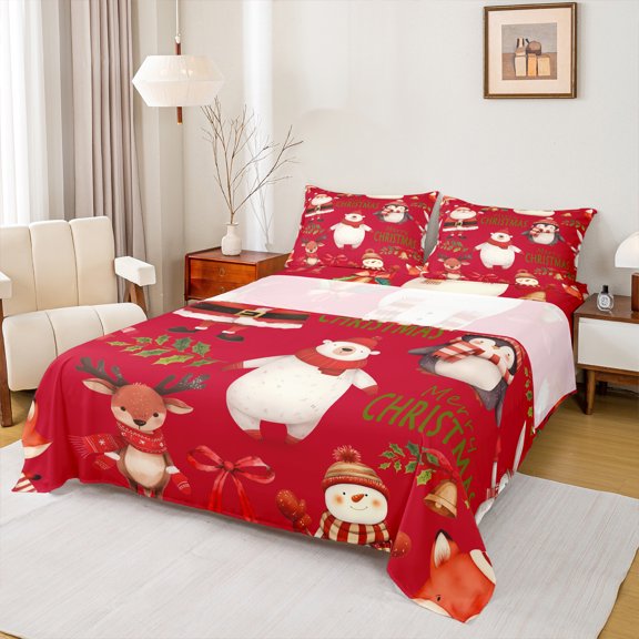 Manfei Xmas Bear Deer Twin Sheet Sets,Kawaii Penguin Snowman Twin Fitted Sheet,Merry Christmas Flat Sheet For Girl Kids,Breathable Home Decor,3pcs