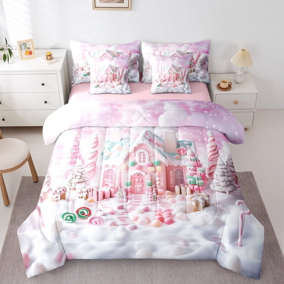 Manfei Xmas Candy Cnae 7 Pieces Bedding Comforter Set,Girls Dessert Full Bedding Set,Merry Christmas Fitted Sheet Flat Sheet For Kids,Microfiber Bedroom Decor Reversible