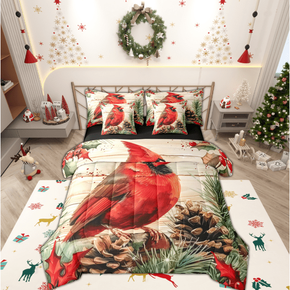 Manfei Xmas Cardinal Bird 7-Piece Bedding Comforter Set,Red Berry Grids King Bedding Sets,Country Pine Cone Bed Sheets For Girl Teens,Breathable Home Decor Reversible