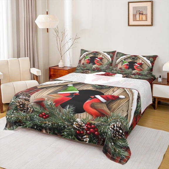 Manfei Xmas Cardinal Bird Bed Sheets 4 Pieces, Merry Christmas King Sheets, Pinecone Leaves Sheet Set, Luxury Bedroom Decor