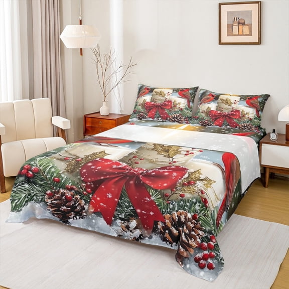 Manfei Xmas Cardinal Bird Bed Sheets,Merry Christmas King Sheets,Red Bowknot Brown Pine Cone Sheet Set For Girl Teens,Breathable Home Decor,4 Pieces