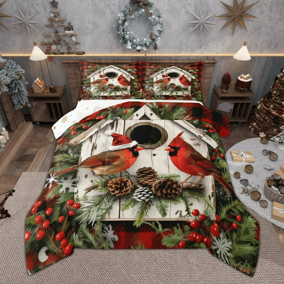 Manfei Xmas Cardinal Bird Bedding Comforter Set, Merry Christmas Twin Comforter Sets, Pinecone Leaves Bedding Set, Lightweight Room Decor, Reversible 2-Piece
