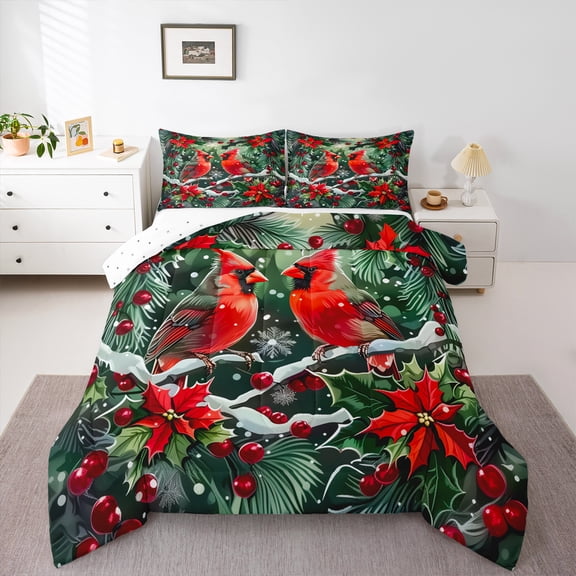 Manfei Xmas Cardinal Bird Bedding Comforter Set,Merry Christmas Twin Comforter Sets,Red Berry Leaves Bedding Set For Girl Teens,Breathable Home Decor Reversible,2 Pieces