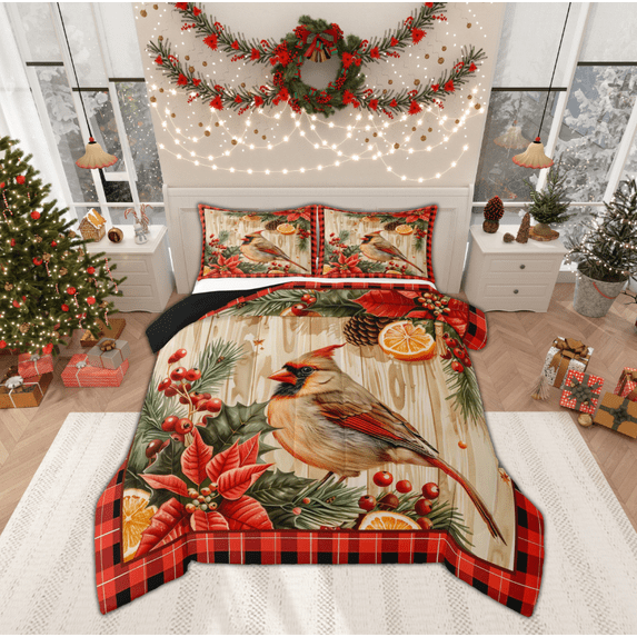 Manfei Xmas Cardinal Bird Bedding Comforter Set,Red Berry Twin Comforter Sets,Old Barn Door Bedding Set For Boys,Super Cozy Room Decor Reversible,2-Piece