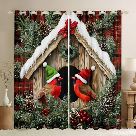 Manfei Xmas Cardinal Bird Blackout Curtains Set of 2 (52x84 Each), Merry Christmas Window Curtains, Pinecone Leaves Curtains and Drapes, Luxury Bedroom Decor