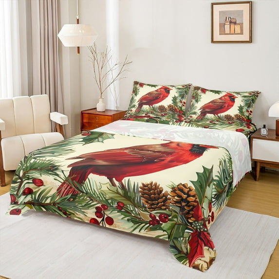 Manfei Xmas Cardinal Bird Full Size Sheets,Red Berry Bed Sheets,Autumn Pine Cone Sheet Sets For Girl Teens,Breathable Home Decor,4-Piece