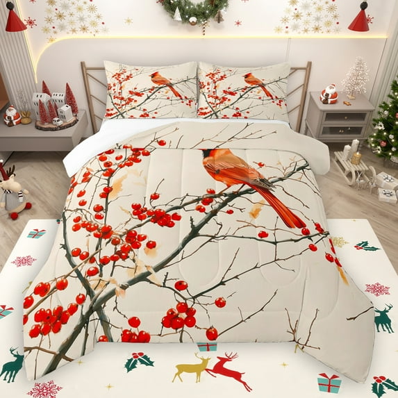Manfei Xmas Cardinal Bird Queen Comforter Set,Christmas Berry Bedding Sets,Red Beige Bedding Comforter Set For Girl Teens,Breathable Home Decor,3pcs