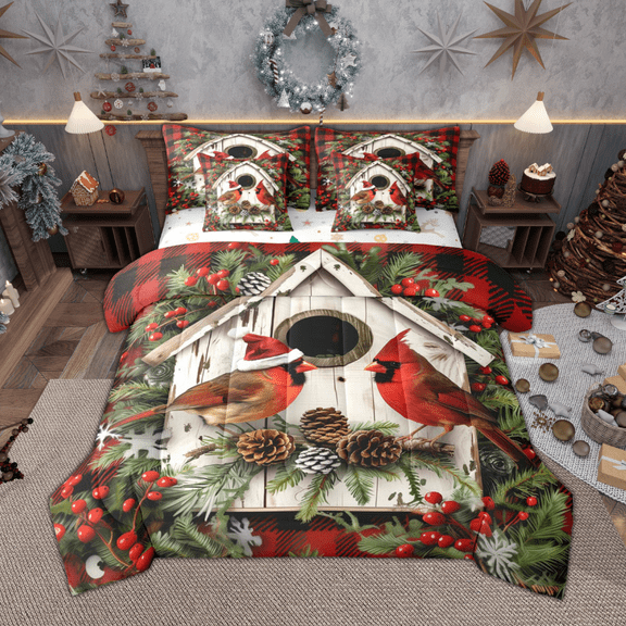 Manfei Xmas Cardinal Bird Twin Bedding Sets 7 Pieces, Merry Christmas Bedding Comforter Set, Pinecone Leaves Sheet Sets, Lightweight Room Decor