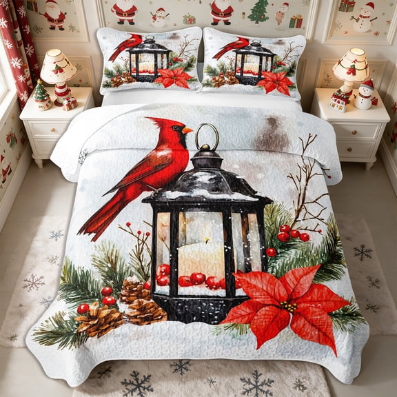 Manfei Xmas Cardinal Bird Twin Quilt Set 2 Pieces,Merry Christmas Twin Coverlet Set,1 Bedspread and 1 Pillowcase