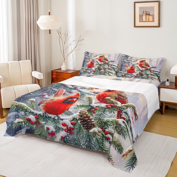 Manfei Xmas Cardinal Bird Twin Sheet Sets 3 Pieces, Green Pine Tree Pinecorn Twin Fitted Sheet, Happy New Year Flat Sheet, Super Cozy Room Decor