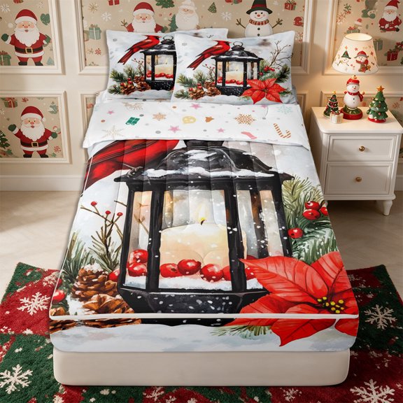 Manfei Xmas Cardinal Bird Zipper Twin Comforter Sets with Fitted Sheet and 2 Pillowcases,Merry Christmas Zipper Bedding Set,Reversible