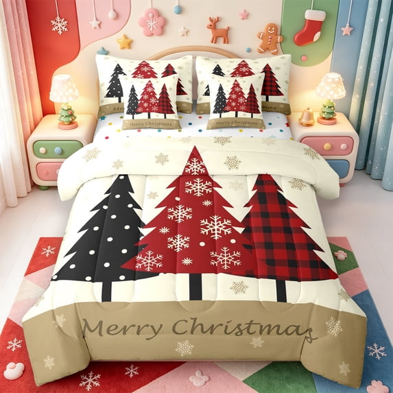 Manfei Xmas Classic Snowflake 7 Pieces Full Size Bedding Sets,Shabby-Chic Farm Cattle Full Size Bed in a Bag,Polkadot Reversible