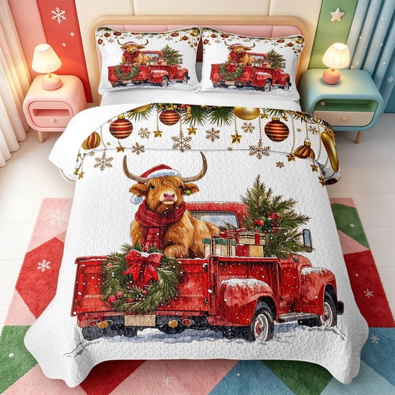 Manfei Xmas Cute Farm Animal Cow Quilt Full,Farmhouse Pine Cone Full Bedspread Sets,3pcs,1 Coverlet and 2 Pillowcases