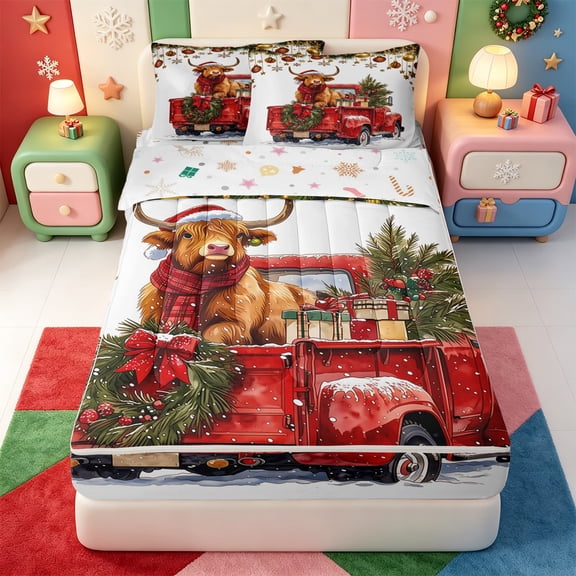 Manfei Xmas Cute Farm Animal Cow Zipper Twin Comforter Sets with Fitted Sheet and 2 Pillowcases,Farmhouse Pine Cone Zipper Bedding Set,Xmas Reversible,4 Pieces