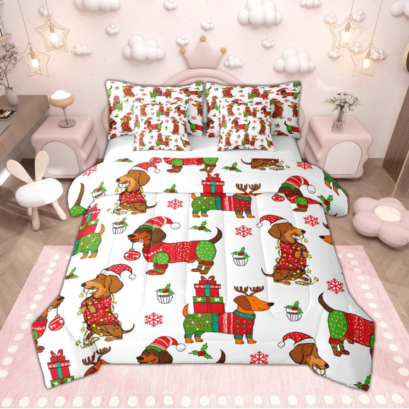 Manfei Xmas Dachshund Bedding Comforter Set 7-Piece for Kids Girls Boys, Christmas Theme King Bedding Sets, New Year Gifts Bed Sheets, Breathable Home Decor