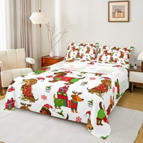 Manfei Xmas Dachshund Twin Sheet Sets for Kids Girls Boys, Christmas Theme Twin Fitted Sheet, New Year Gifts Flat Sheet, Breathable Home Decor 3pcs