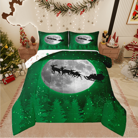 Manfei Xmas Deer 2pcs Bedding Comforter Set For Teens,Green Black Twin Comforter Sets,Merry Christmas Breathable Bedding Set,Ultra Soft Festival Home Decor,Reversible