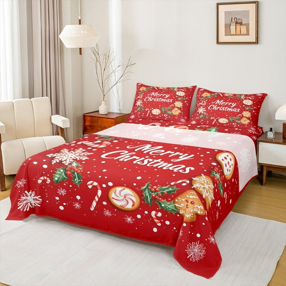 Manfei Xmas Dessert Biscuit Bed Sheets,Merry Christmas King Sheets,Kawaii Candy Cane Sheet Set,Ultra Soft Home Decor,4pcs