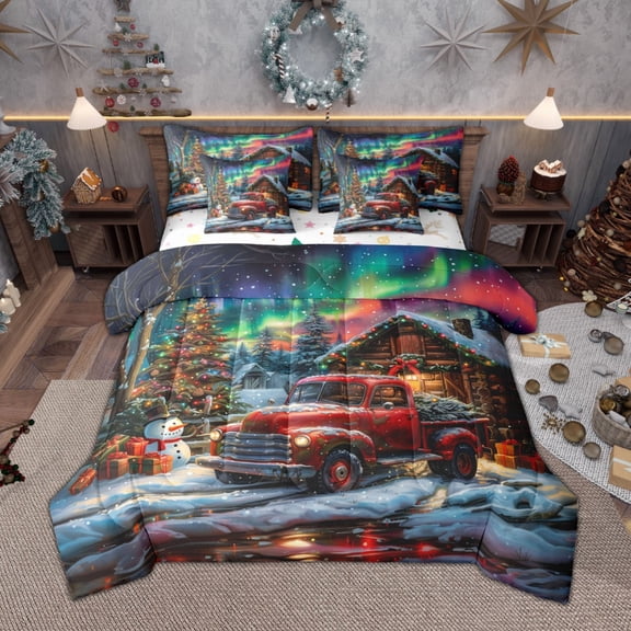 Manfei Xmas Farm Truck Bedding Comforter Set 7 Pieces for Kids, Merry Christmas Queen Bedding Sets, Dreamy Aurora Queen Sheet Sets, Lightweight Room Decor