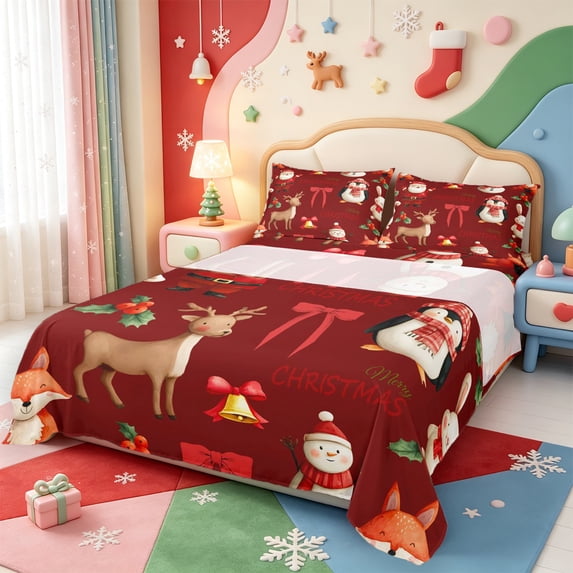 Manfei Xmas Farmhouse Snowflake Queen Sheets,Colorful Farm Cattle Queen Sheet Sets,4-Piece,1 Flat Sheet,1 Fitted Sheet and 2 Pillowcases
