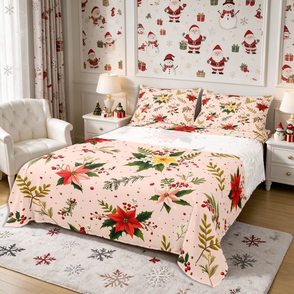 Manfei Xmas Floral Leaves Bed Sheets 4-Piece,Merry Christmas Full Size Sheets,1 Flat Sheet,1 Fitted Sheet and 2 Pillowcases