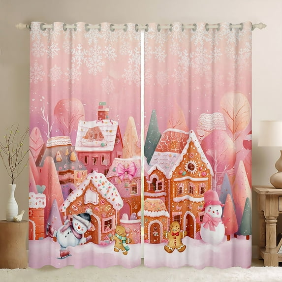 Manfei Xmas Gingerbread House Blackout Curtains Set of 2 (52x84 Each),Cute Cartoon Snowman Window Curtains,Pink Brown White Curtains and Drapes For Kids Gitl,Ultra Soft Home Decor