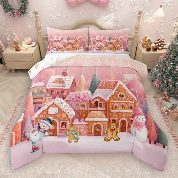 Manfei Xmas Gingerbread House Full Size Comforter Sets,Cute Cartoon Snowman Bedding Comforter Set,Pink Brown White Bedding Sets For Kids Gitl,Ultra Soft Home Decor Reversible,3pcs