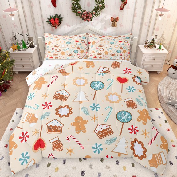 Manfei Xmas Gingerbread Man Bedding Comforter Set,Happy Christmas Twin Comforter Sets,Candy Cane Bedding Set For Kids,Ultra Soft Home Decor Reversible,2-Piece