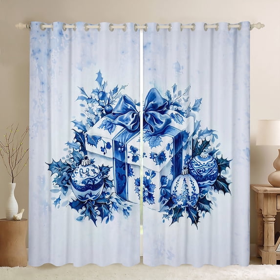 Manfei Xmas Gitfs Blackout Curtains Set of 2 (52x84 Each),Blue Christmas Ball Window Curtains,Cute Bowtie Ribbon Curtains and Drapes For Teens,Breathable Home Decor
