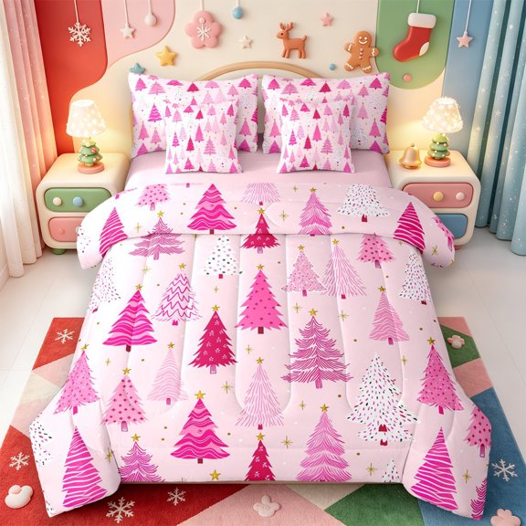 Manfei Xmas Holiday Season 7-Piece Twin Bedding,Cute Christmas Snowflake Bedding Comforter Set,Pink Reversible