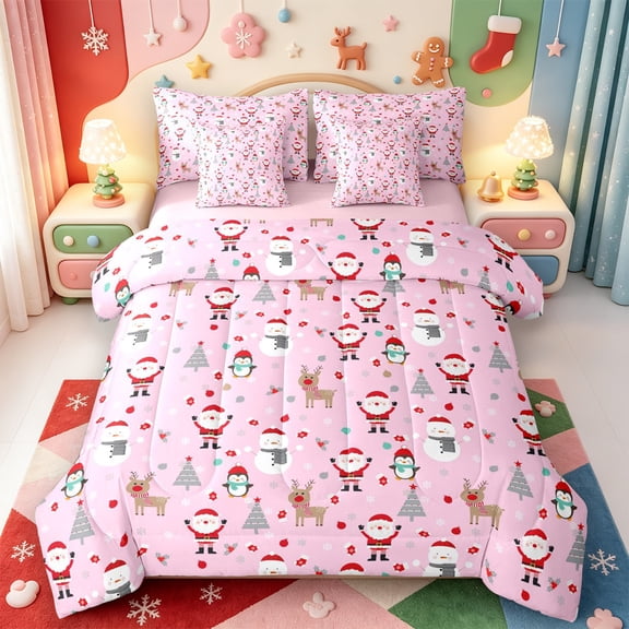 Manfei Xmas Holiday Season 7-Piece Twin Bedding,Cute Elf Bedding Comforter Set,Pink Reversible