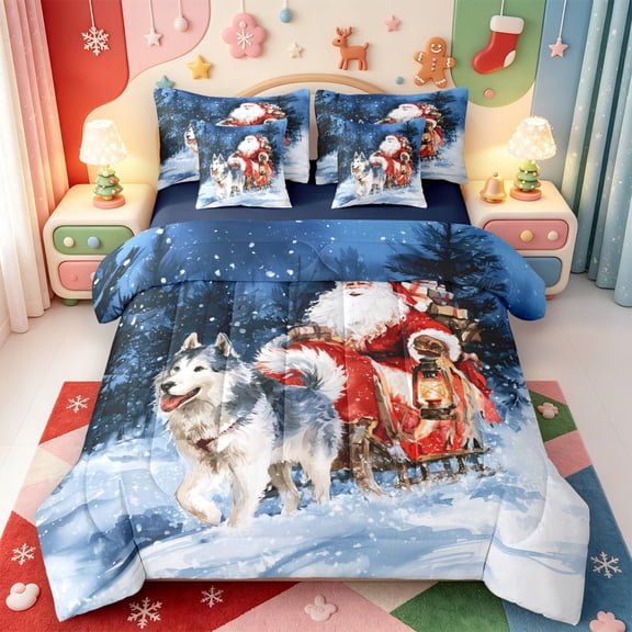 Manfei Xmas Holiday Season 7 Pieces Full Size Bedding Sets,Vintage Christmas Winter Snow Full Size Bed in a Bag,Navy Blue Reversible