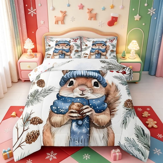 Manfei Xmas Holiday Season Queen Comforter Set,Snowy Pink Christmas Comforter Sets Queen,Xmas Reversible,3pcs,1 Comforter and 2 Pillowcases