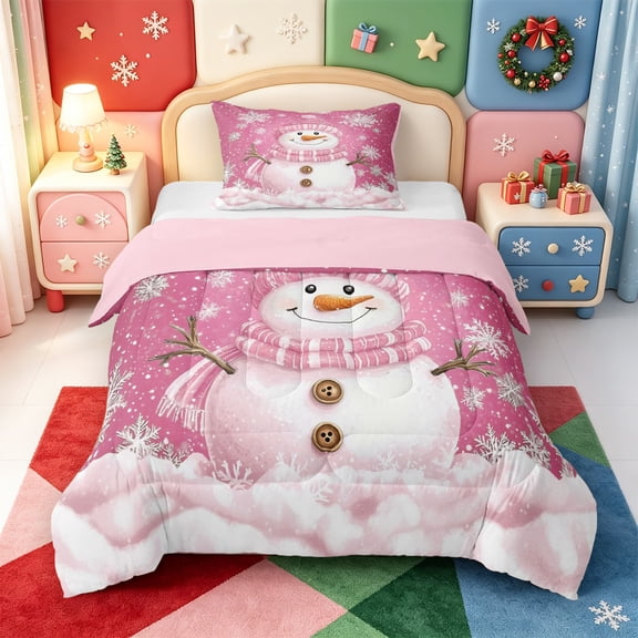 Manfei Xmas Holiday Season Twin Comforter Sets,Cute Christmas Elf Bedding Set,Pink Reversible,2pcs,1 Comforter and 1 Pillowcase