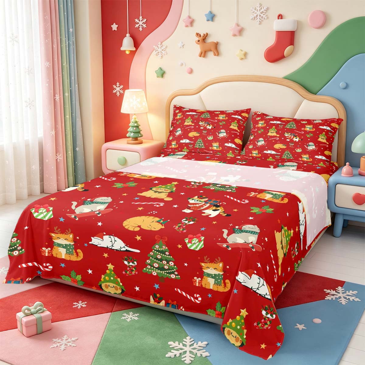 Manfei Xmas Holiday Tree Bed Sheets,Cat Design Full Size Sheets,1 Flat ...