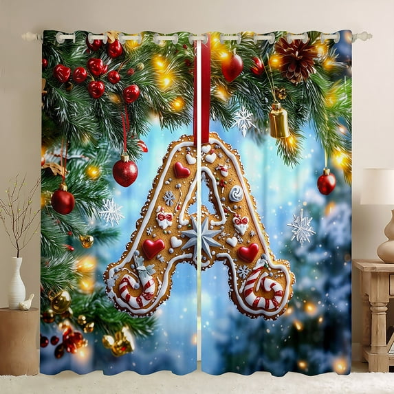 Manfei Xmas Initial A Letter Blackout Curtains Set of 2 (52x84 Each) for Teen, Happy New Year Window Curtains, Glitter Christmas Ball Curtains and Drapes, Living Room Curtains Decor