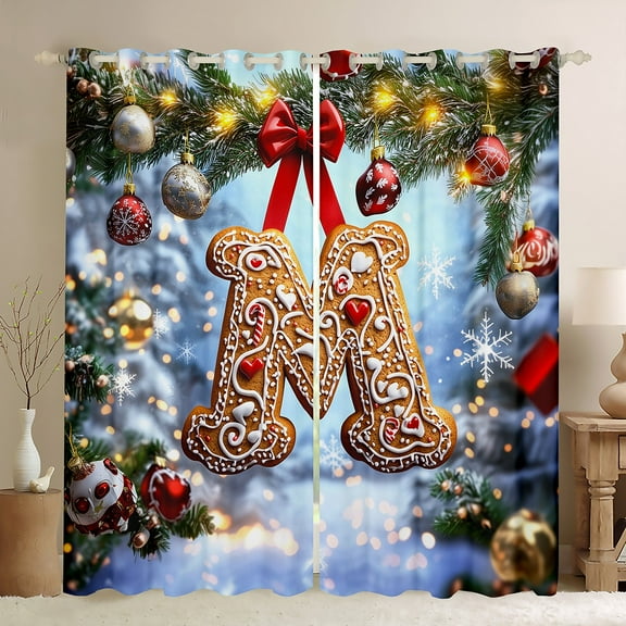 Manfei Xmas Initial M Letter Black Out Curtains for Teen, Happy New Year Curtains Pack of 2 (42x63 Each), Glitter Christmas Ball Bedroom Curtains, Living Room Curtains Decor