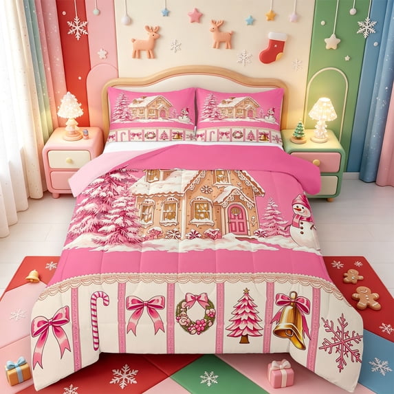 Manfei Xmas Kawaii Snowflake Queen Comforter Set,Traditional Farm Cattle Comforter Sets Queen,Pink Reversible,3 Pieces,1 Comforter and 2 Pillowcases