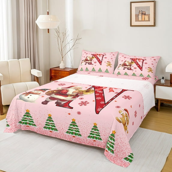 Manfei Xmas Monogrammed N Full Size Sheets for Kids, Happy New Year Bed Sheets, Glitter Sequin Print Sheet Sets, Breathable Home Decor, 4 Pieces