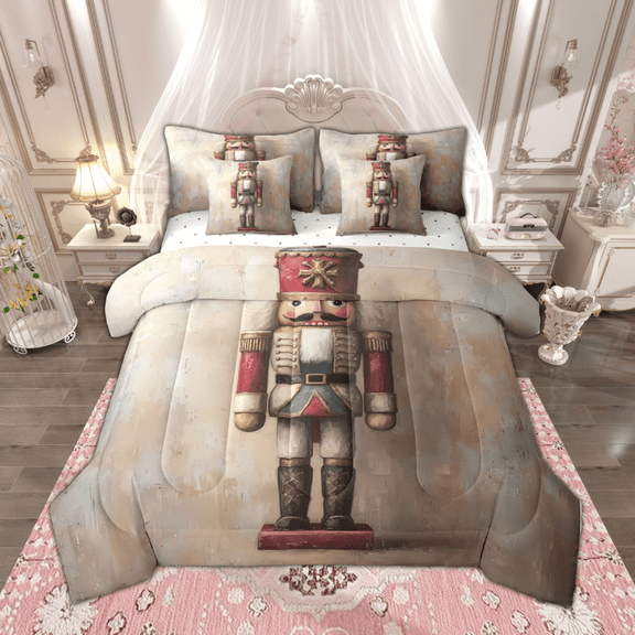 Manfei Xmas Nutcracker Bedding Comforter Set 7-Piece for Boys Girls, Happy Christmas King Bedding Sets, New Year Theme Bed Sheets, Super Cozy Room Decor