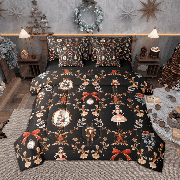 Manfei Xmas Nutcracker Bedding Comforter Set 7 Pieces, Floral Bow Tie King Bedding Sets, Vintage Damask Flower Bed Sheets, Black Merry Christmas Home Decor
